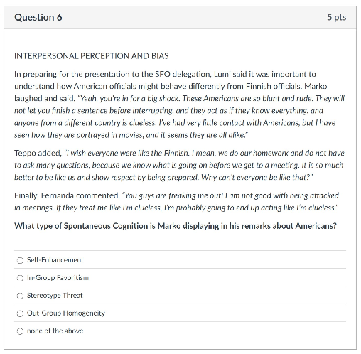 answer Question 6 5 pts INTERPERSONAL PERCEPTION