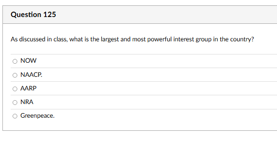 ANSWER Question 125 As discussed in class, what