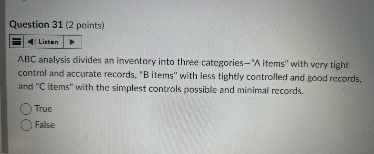 answer Question 31 (2 points) Listen ABC analysis