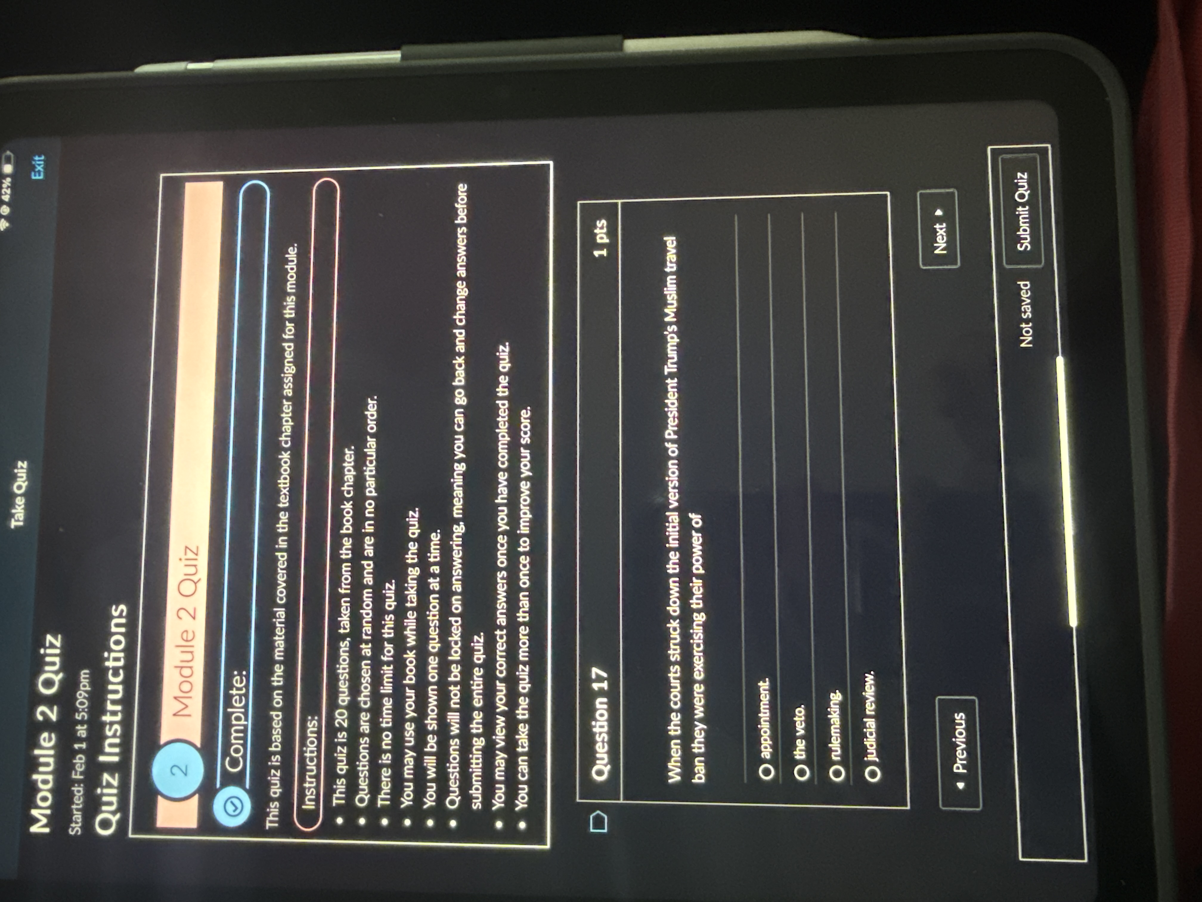 Answer 42% Take Quiz Exit Module 2 Quiz Started: