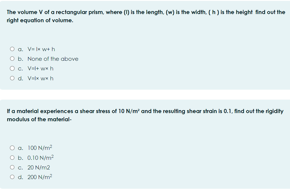 answer The volume V of a rectangular prism, where