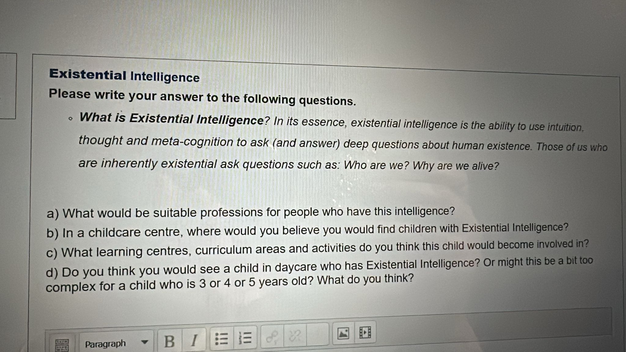 answers Existential Intelligence Please write