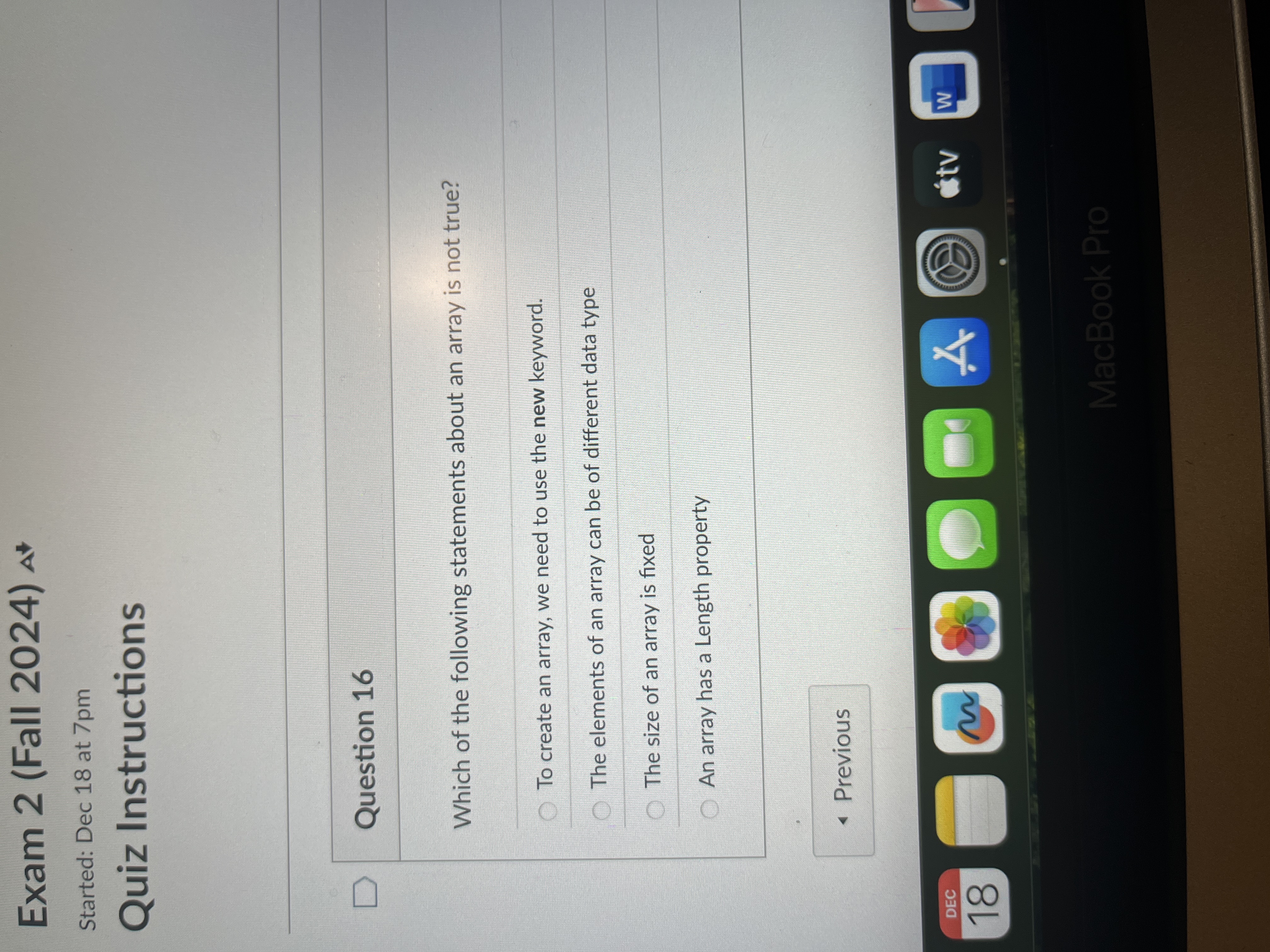 Answer Exam 2 (Fall 2024) At Started: Dec 18 at