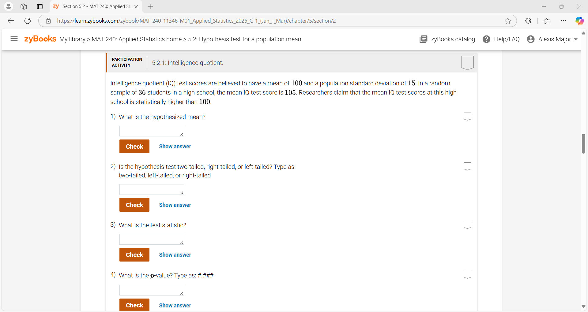 answer zy Section 5.2 - MAT 240: Applied St. X +