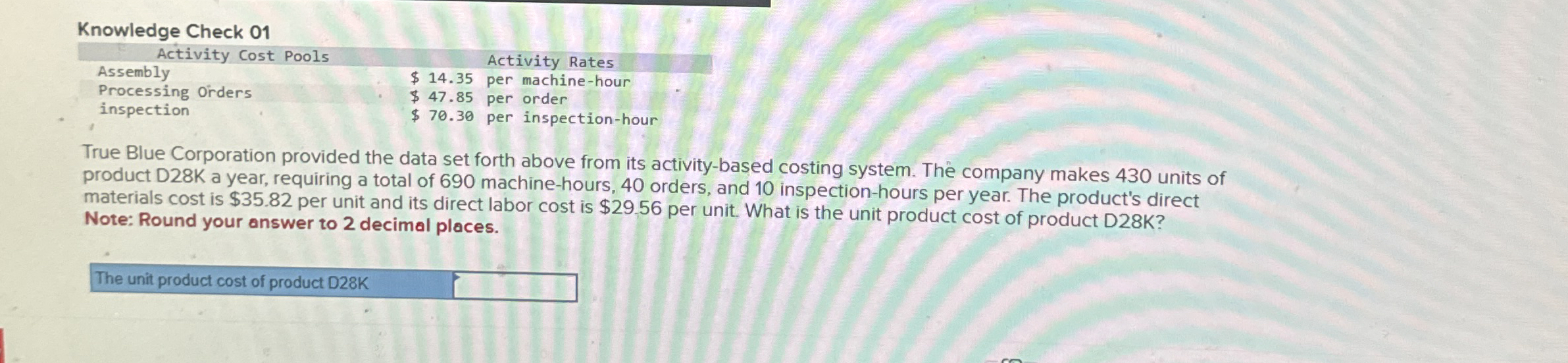Knowledge Check 0 1 \ table [ [ Activity Cost