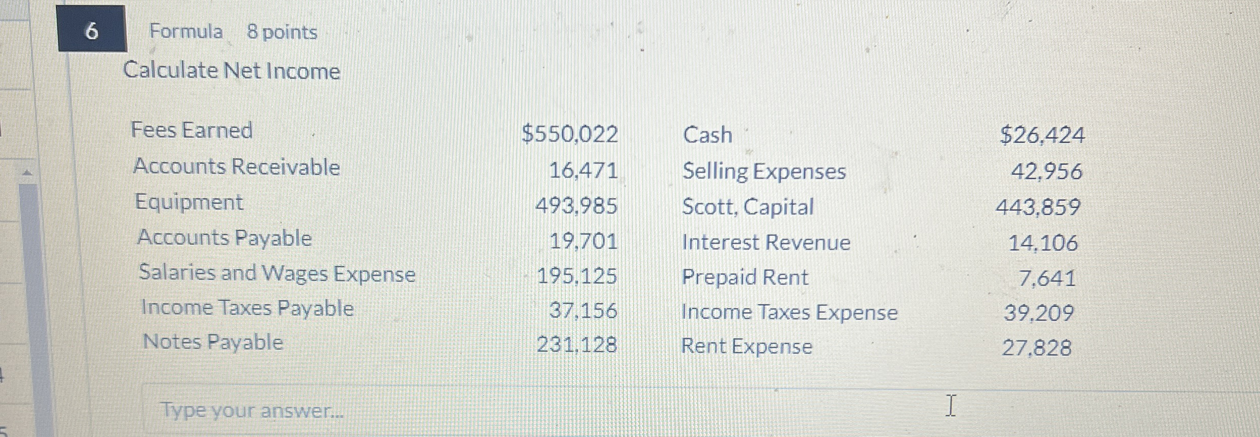 6 Formula 8 points Calculate Net Income \ table [