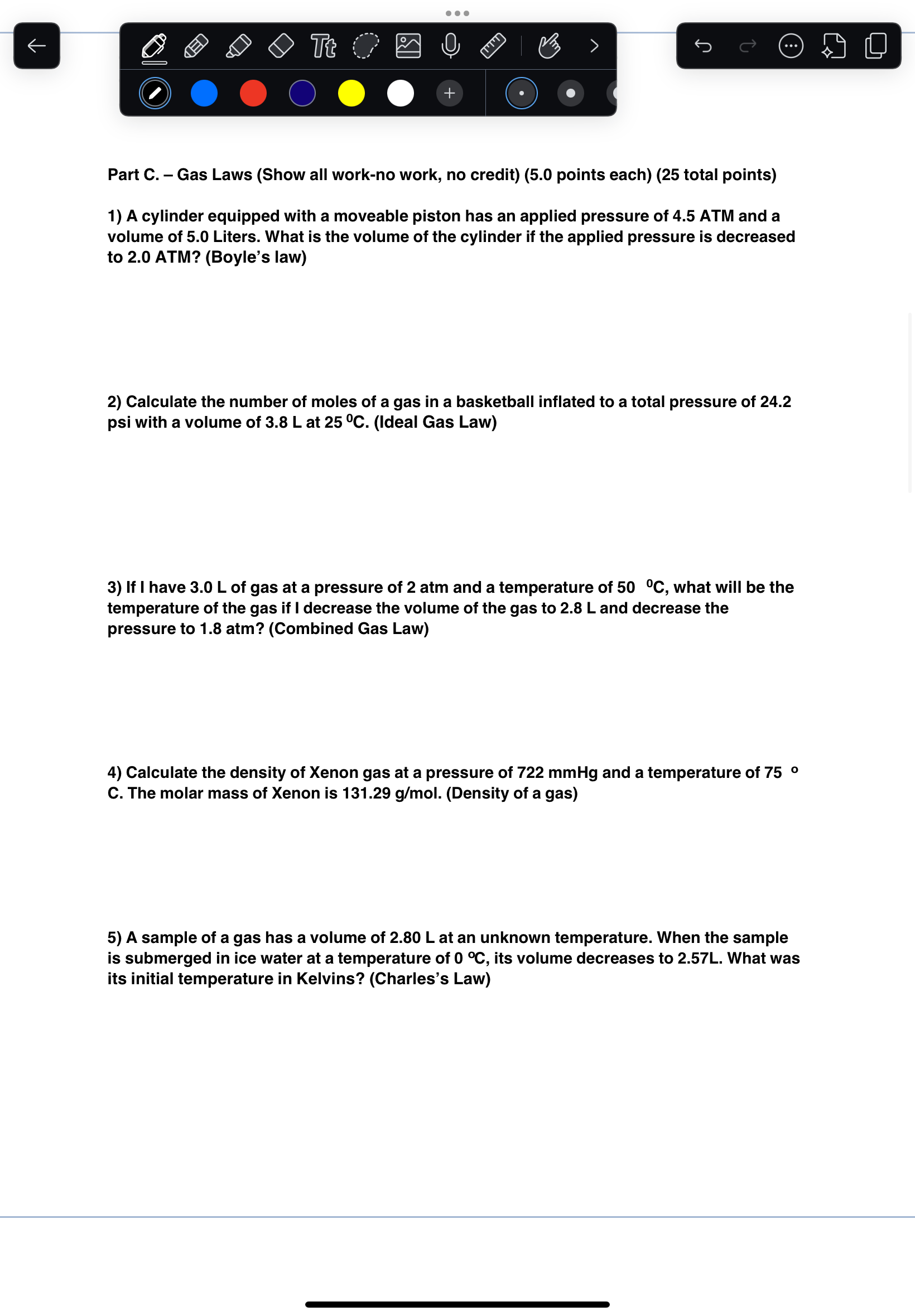 Answer XY YR @ (N IR S - Part C. Gas Laws (Show