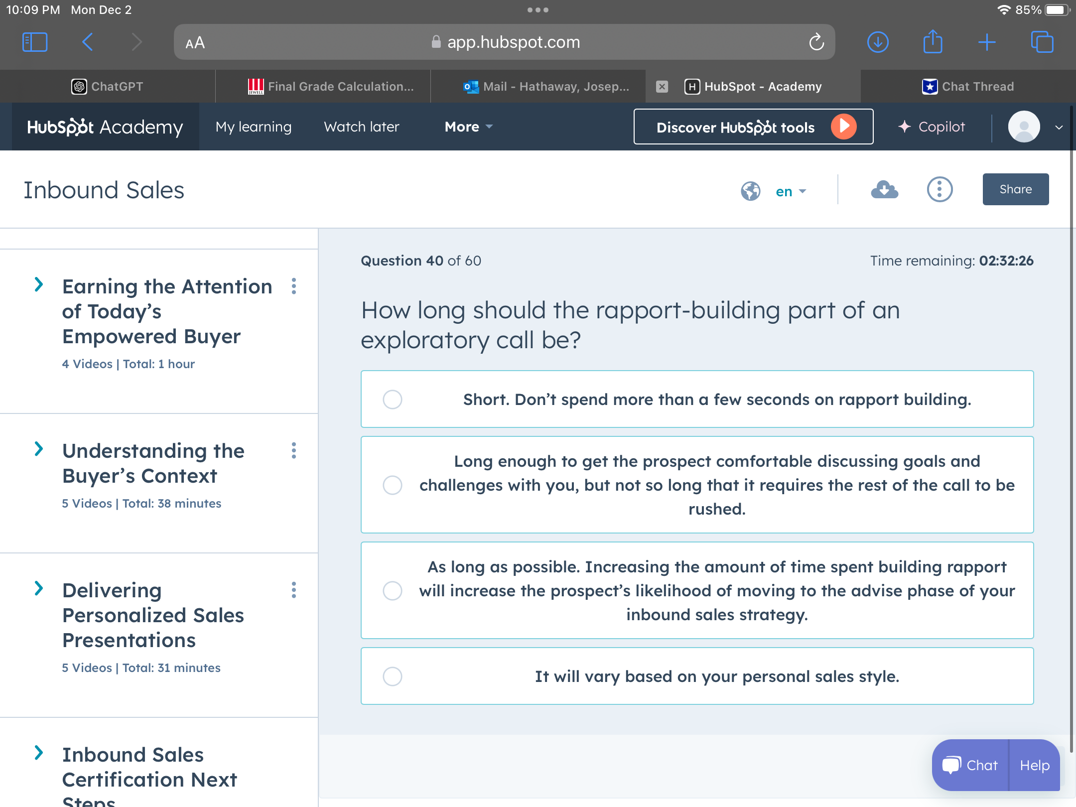 Answer 10:09 PM Mon Dec 2 . . . 85% < AA