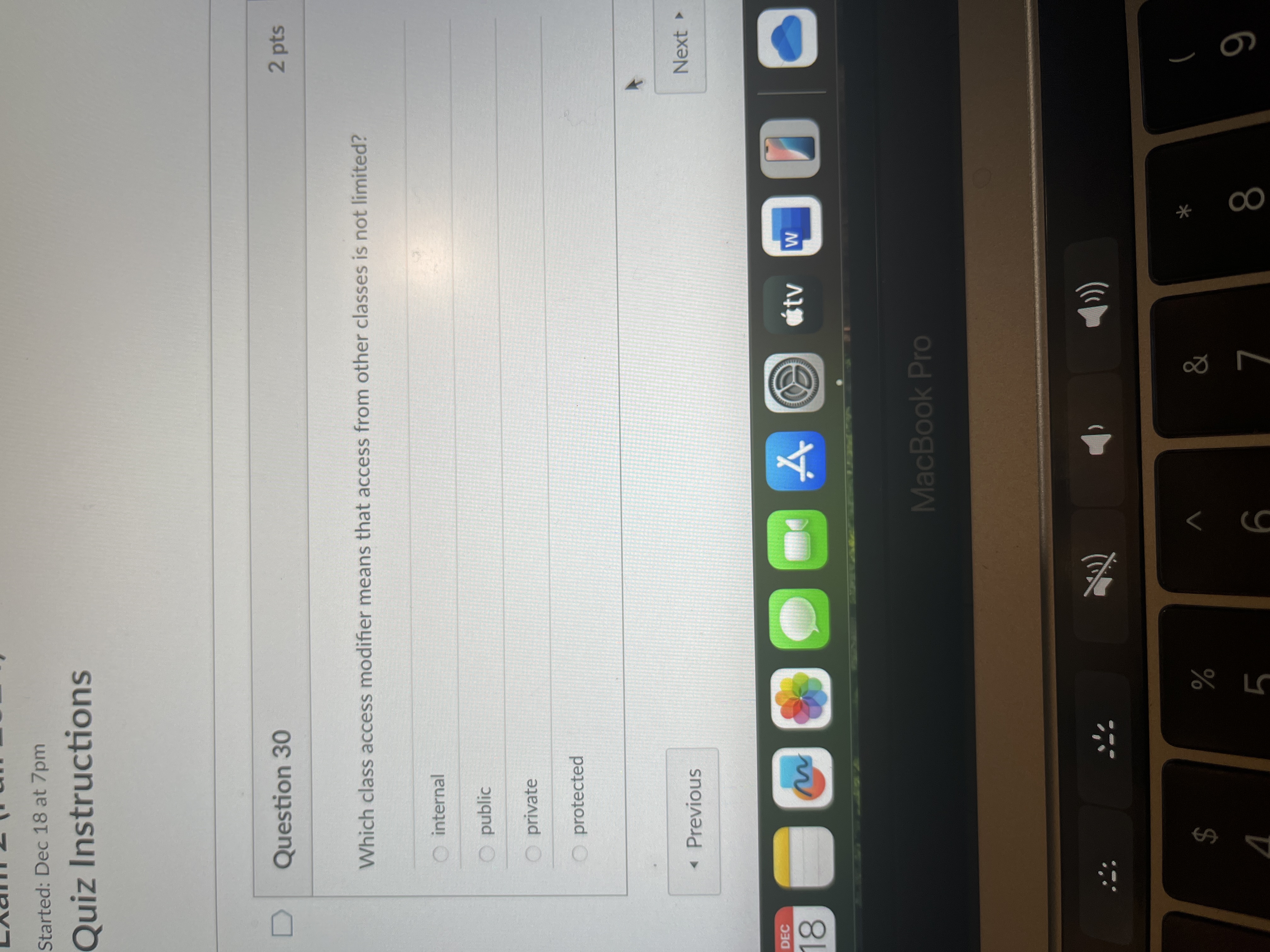 Answer Started: Dec 18 at 7pm Quiz Instructions D