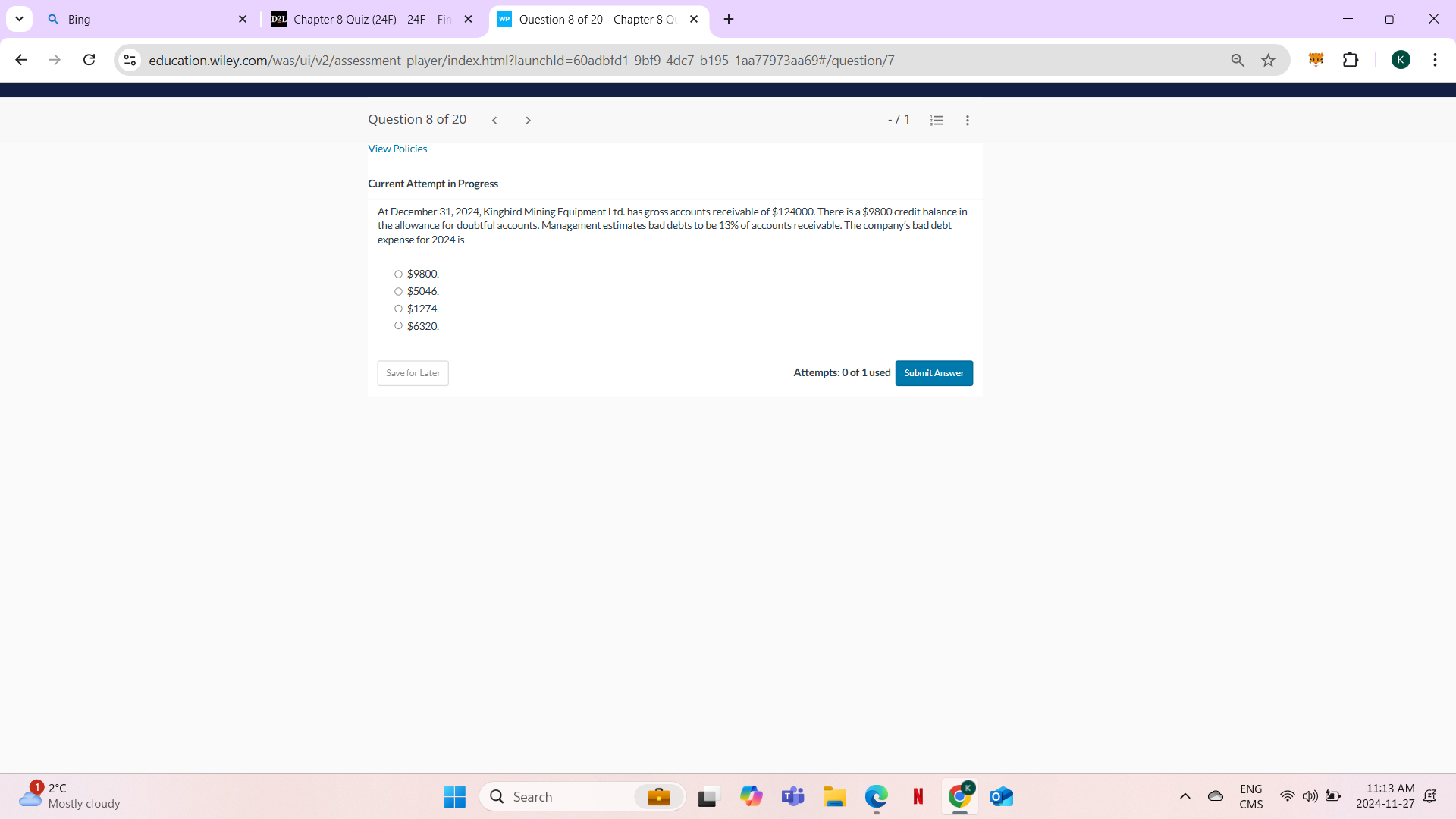 answer Q Bing X D2L Chapter 8 Quiz (24F) - 24F
