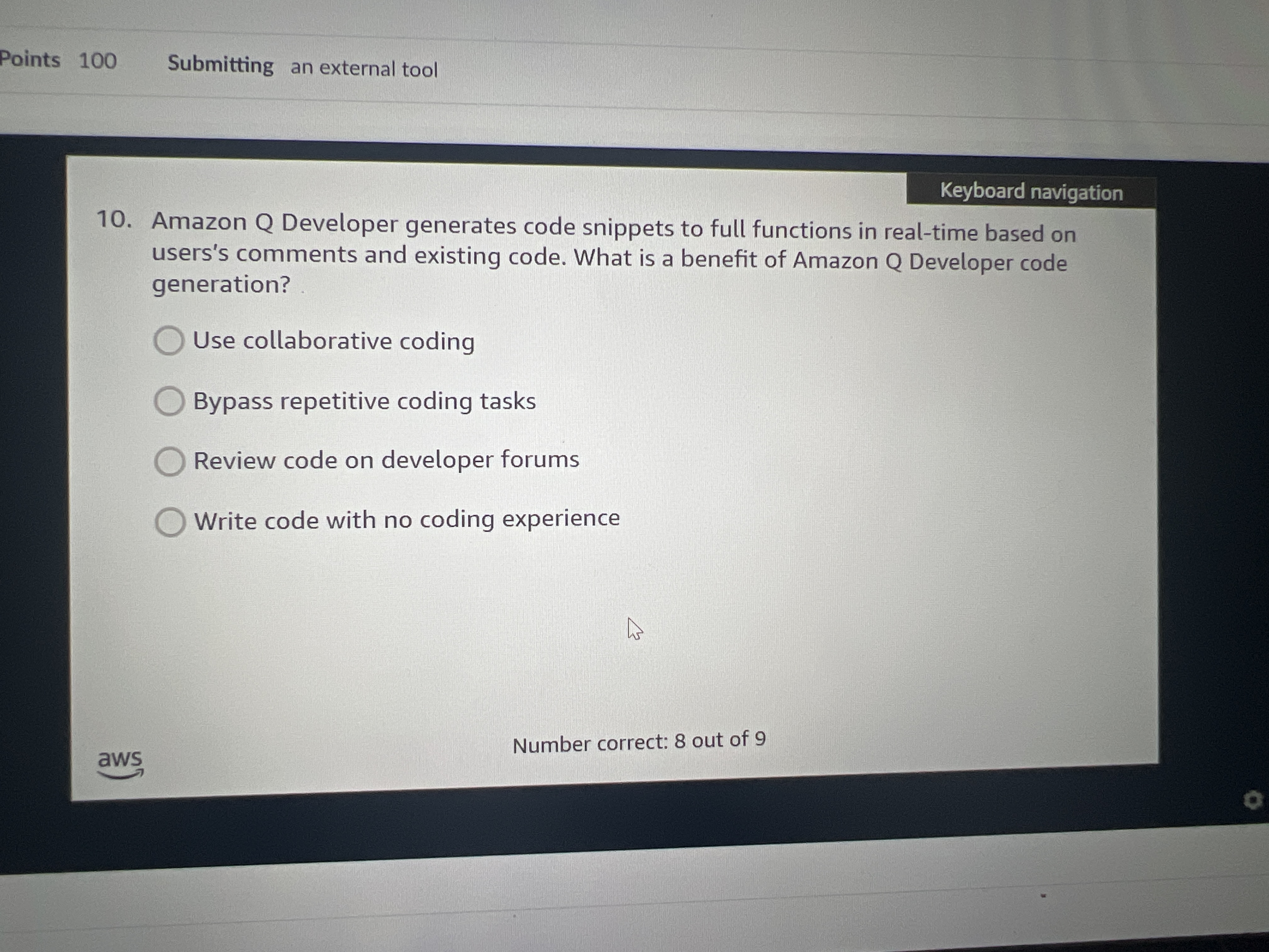 Answer S;jbmltting an external tool 10. Amazon Q