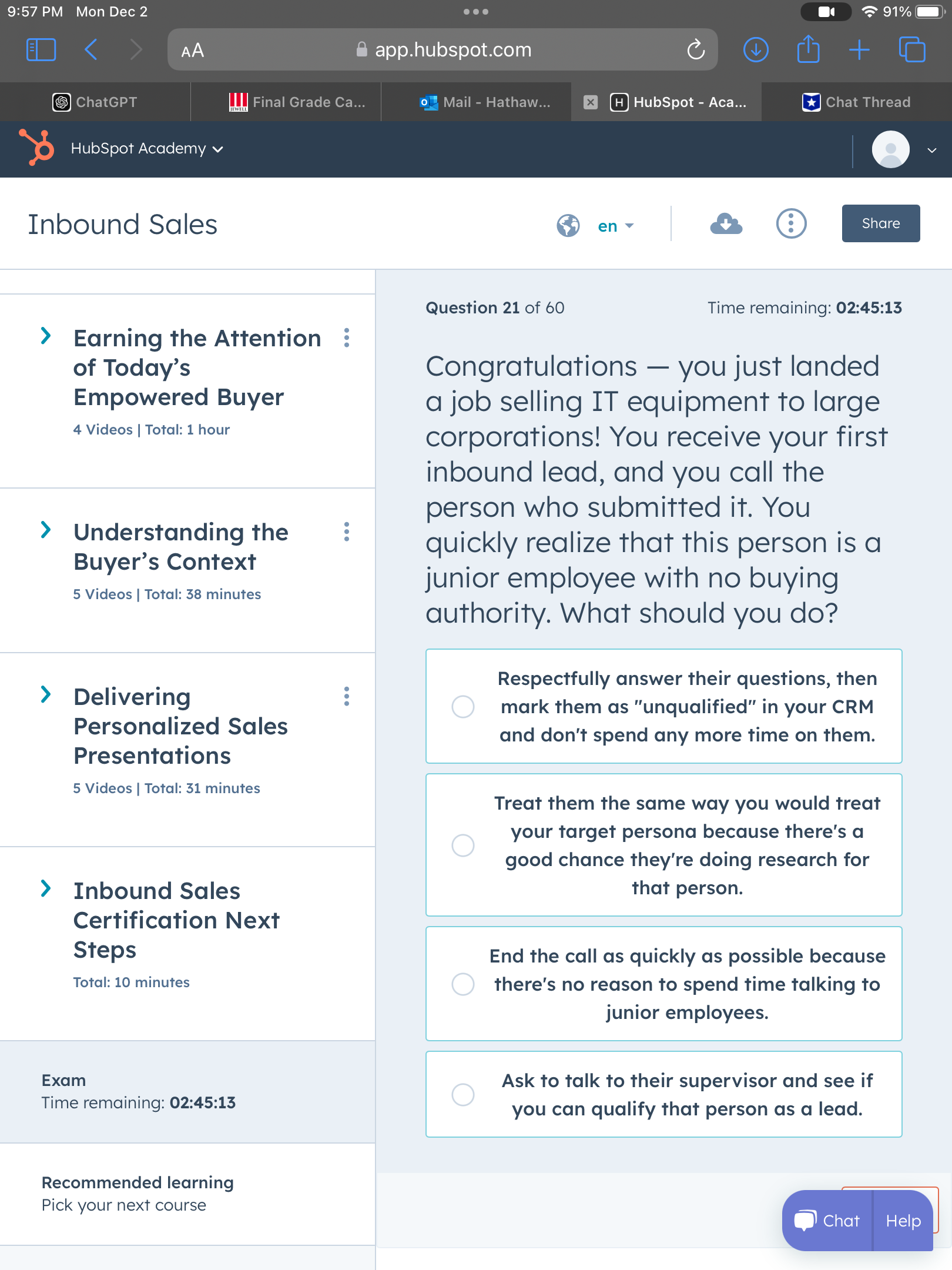 Answer 9:57 PM Mon Dec 2 T & app.hubspot.com &