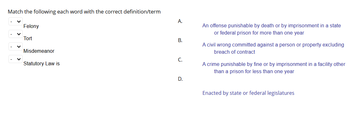 answer Match the following each word with the