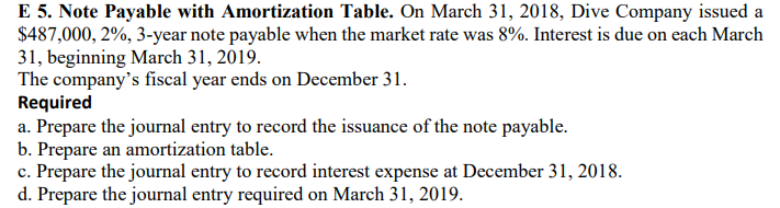 E 5 . Note Payable with Amortization Table. On