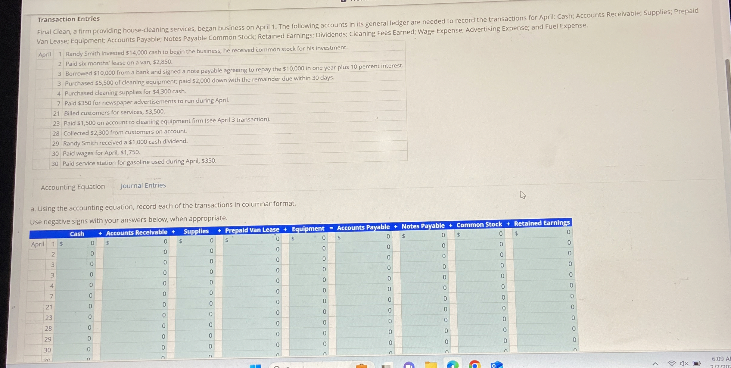 Transaction Entries Van Lease; Equipment;