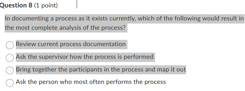 answer Question 8 (1 point) In documenting a