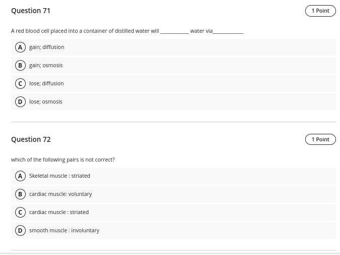 answer Question 71 1 Point A red blood cell