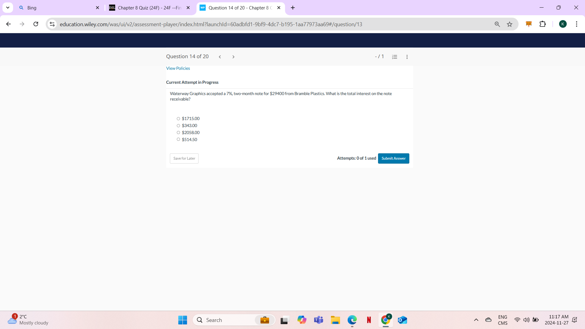 answer Q Bing X D2L Chapter 8 Quiz (24F) - 24F