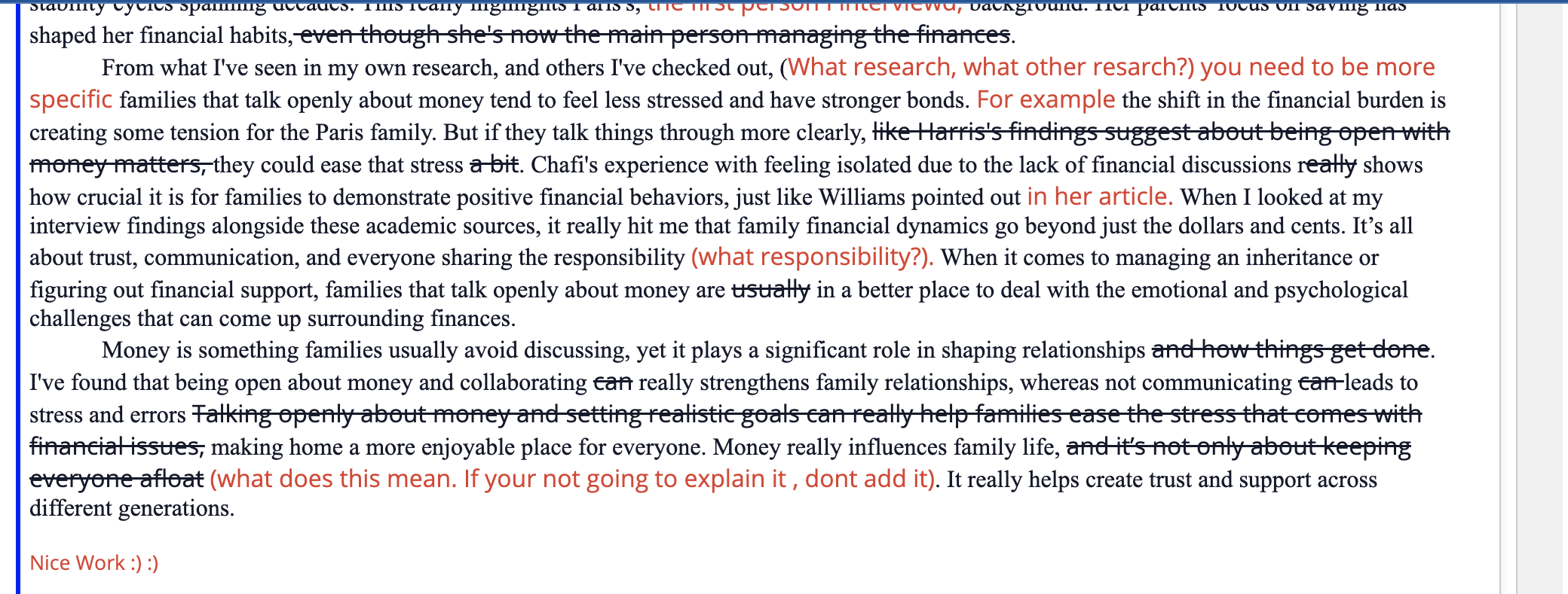 Based on this person's feedback on the essay,