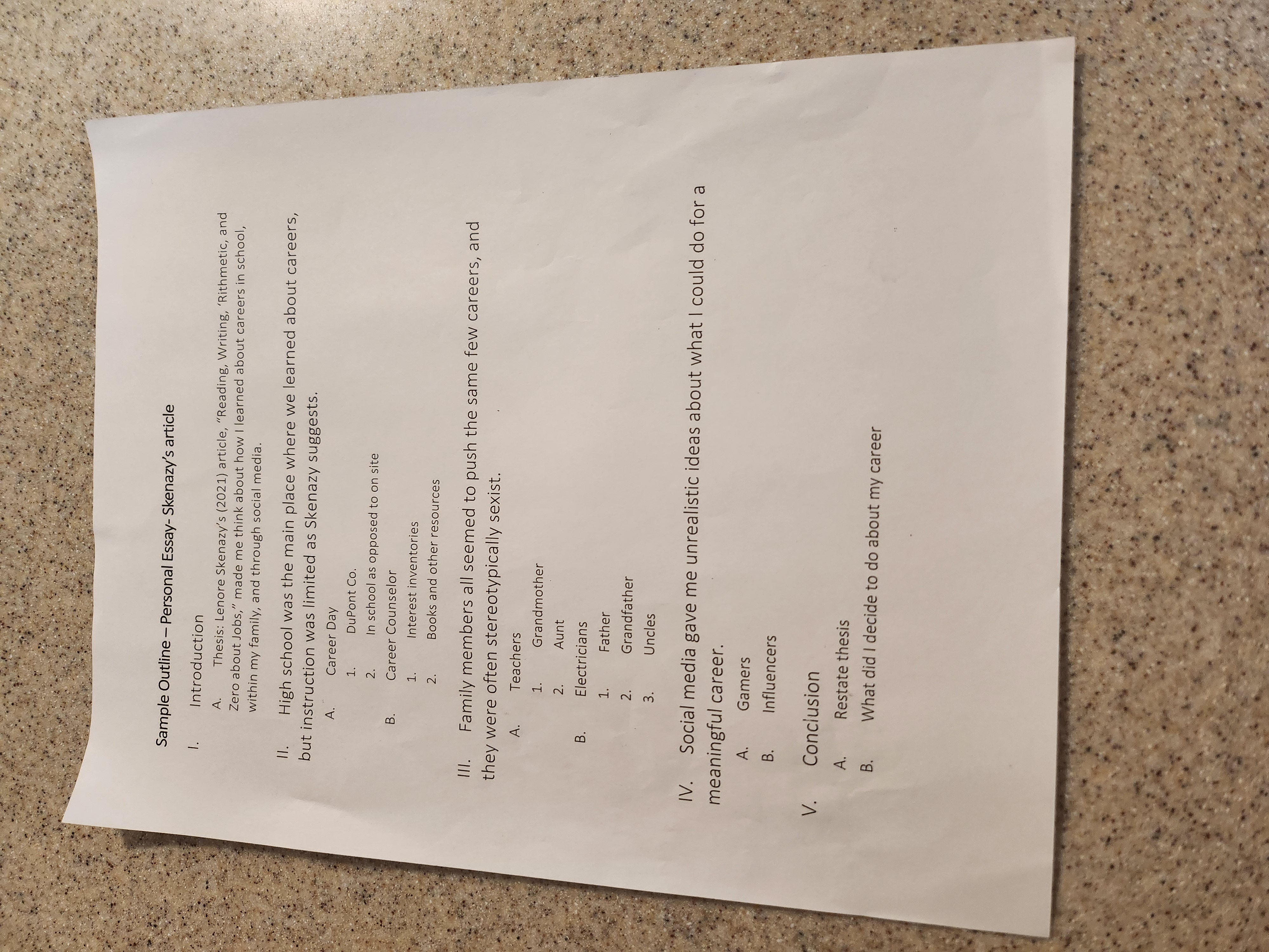 WRITING YOUR FIRST DRAFT Sample Outline -