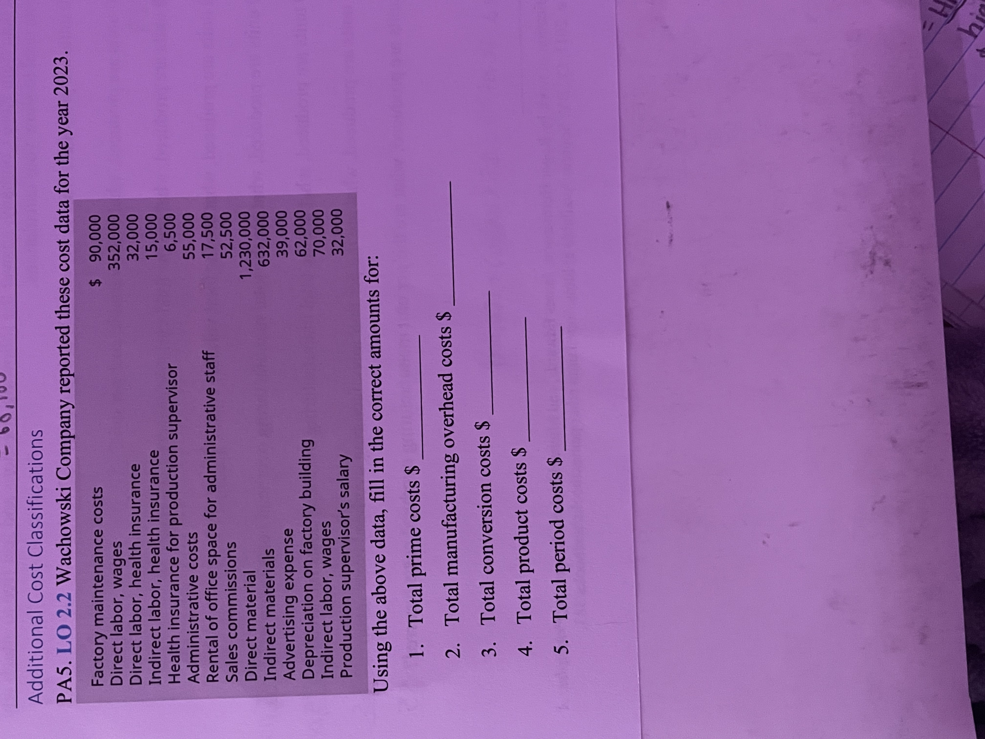 Additional Cost Classifications PA 5 . LO 2 . 2