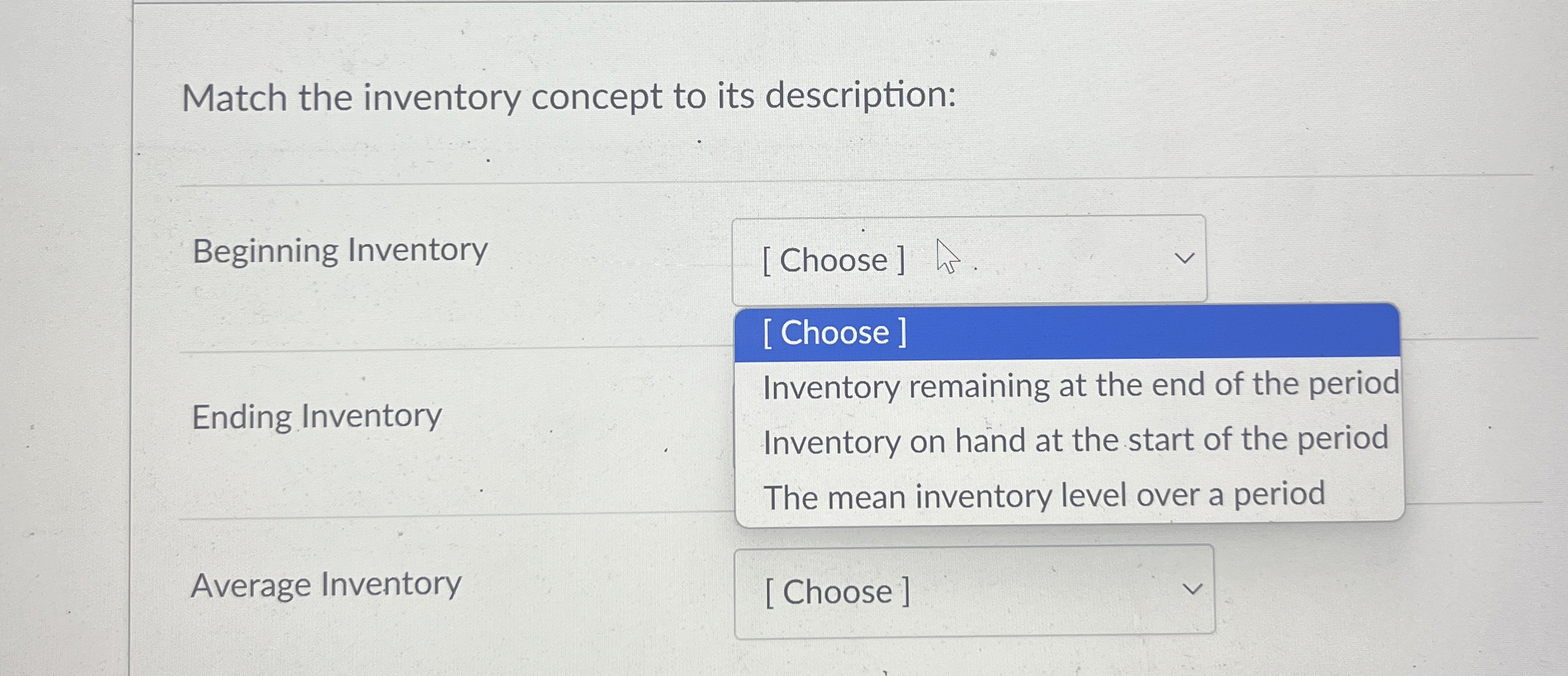 Match the inventory concept to its description: