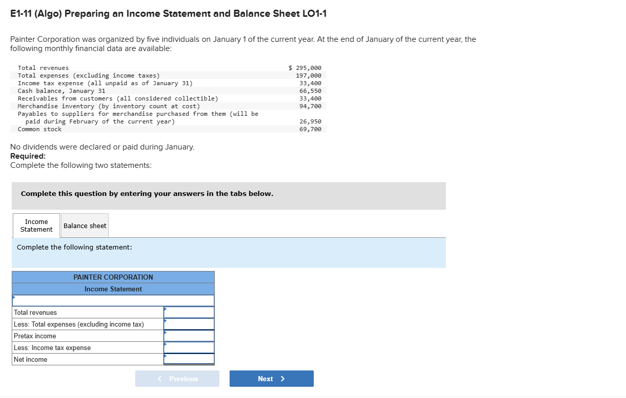 answer E1-11 (Algo) Preparing an Income Statement