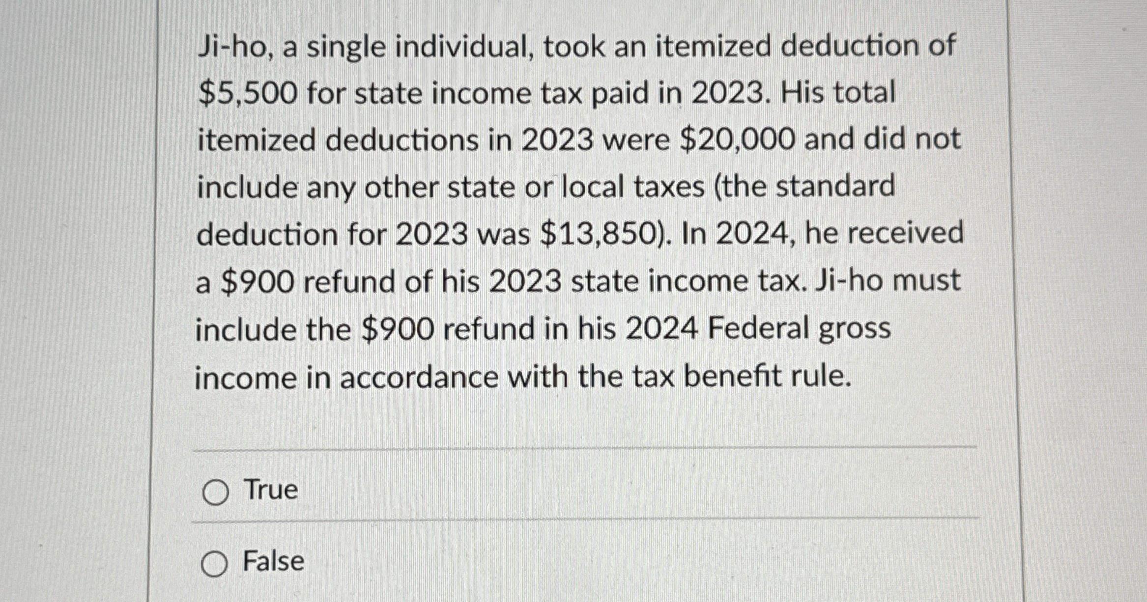Ji - ho , a single individual, took an itemized