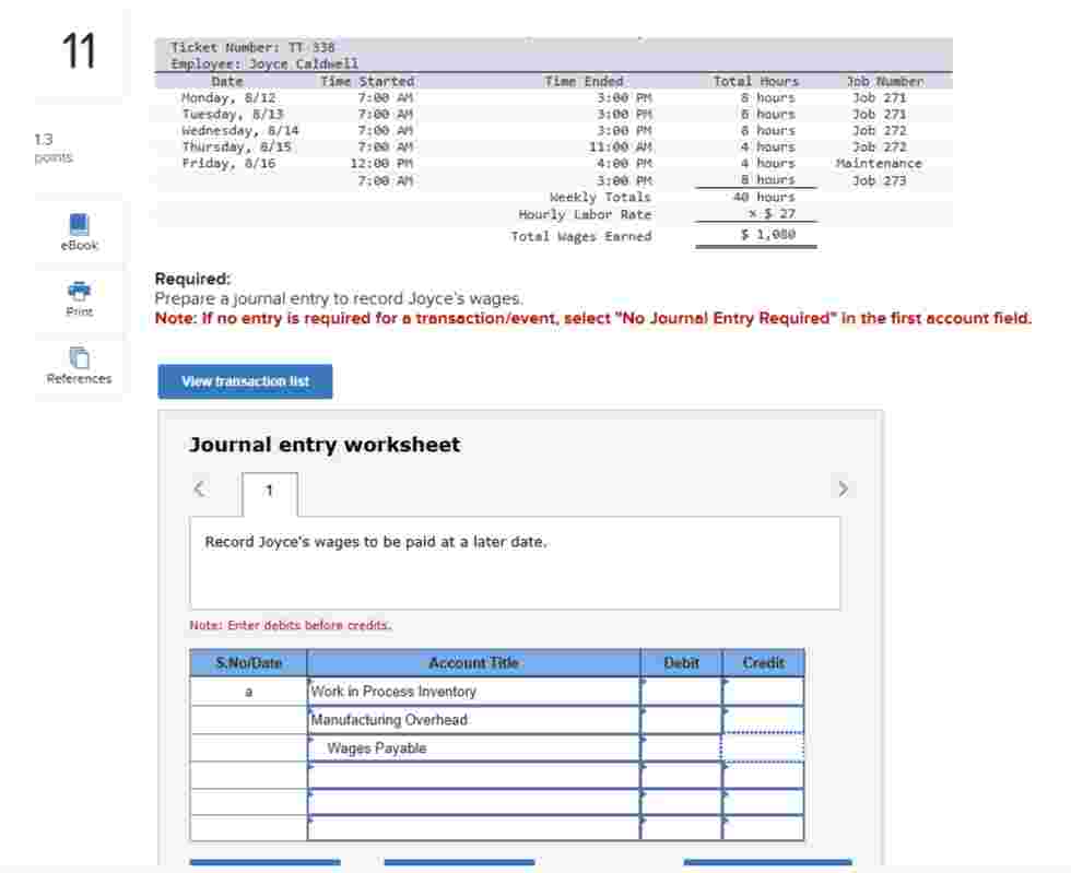 A weekly time sheet for Joyce as follows: