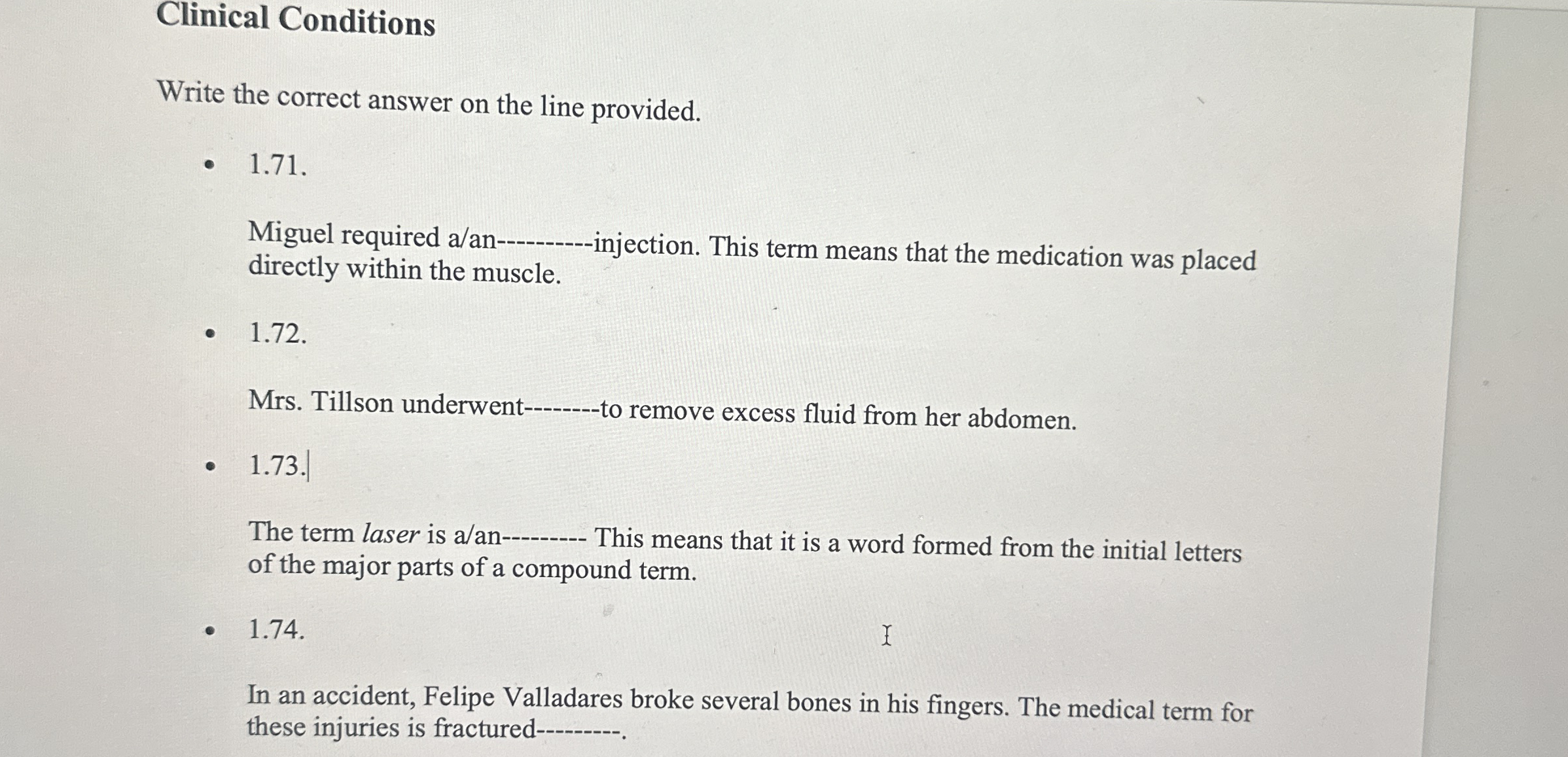 Clinical Conditions Write the correct answer on