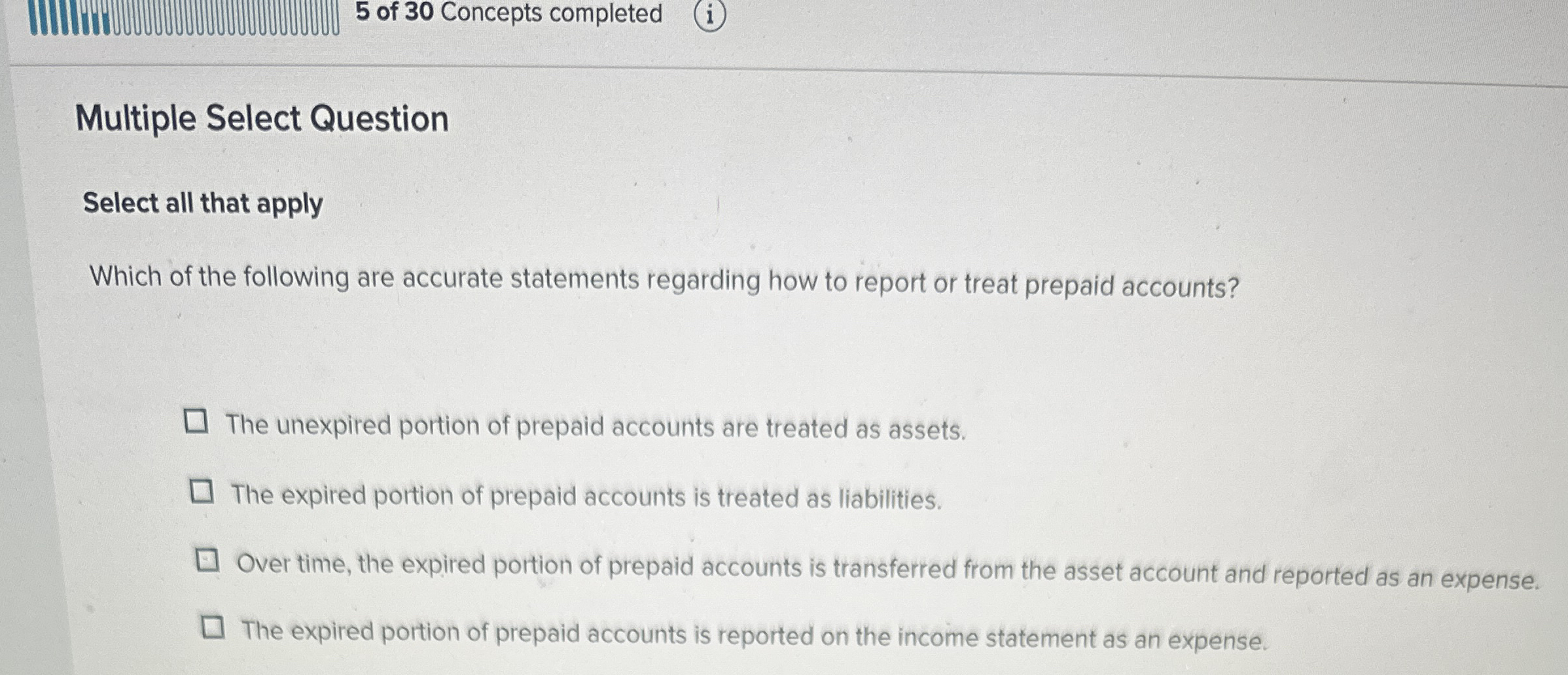 5 of 3 0 Concepts completed Multiple Select