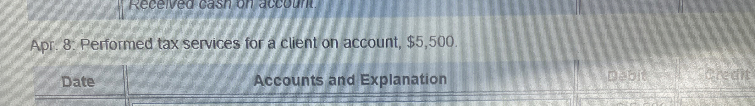 Apr. 8 : Performed tax services for a client on