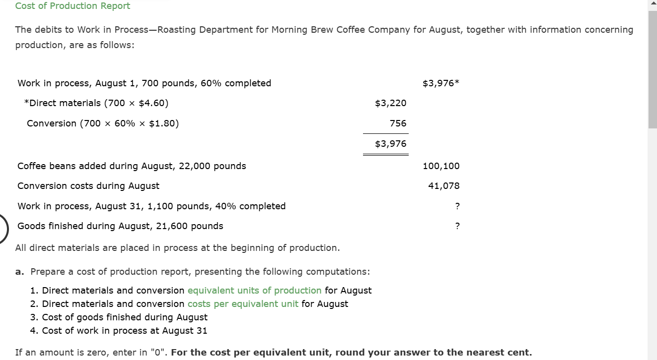 accounting Cost of Production Report The debits