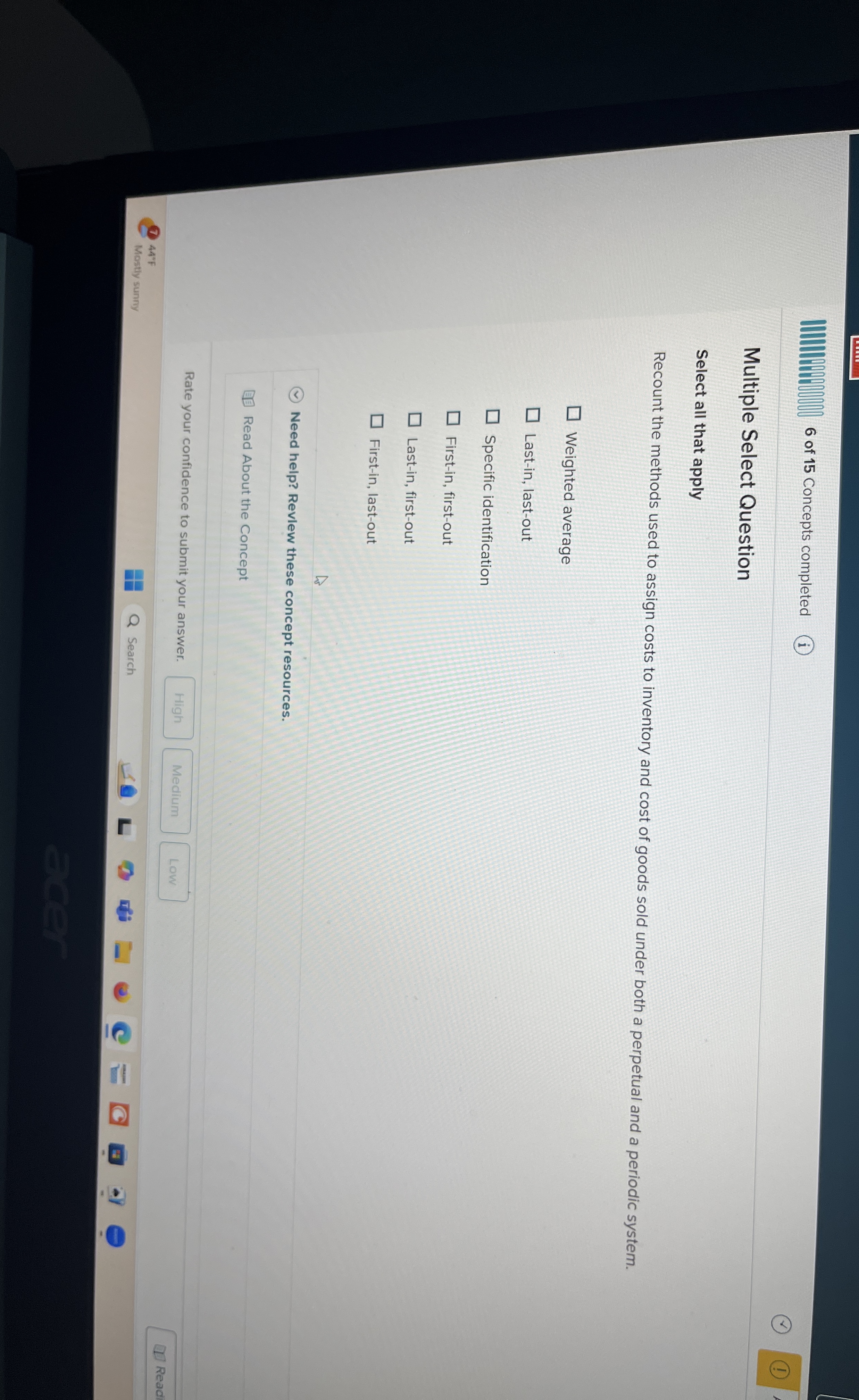 6 of 1 5 Concepts completed ( i ) Multiple Select