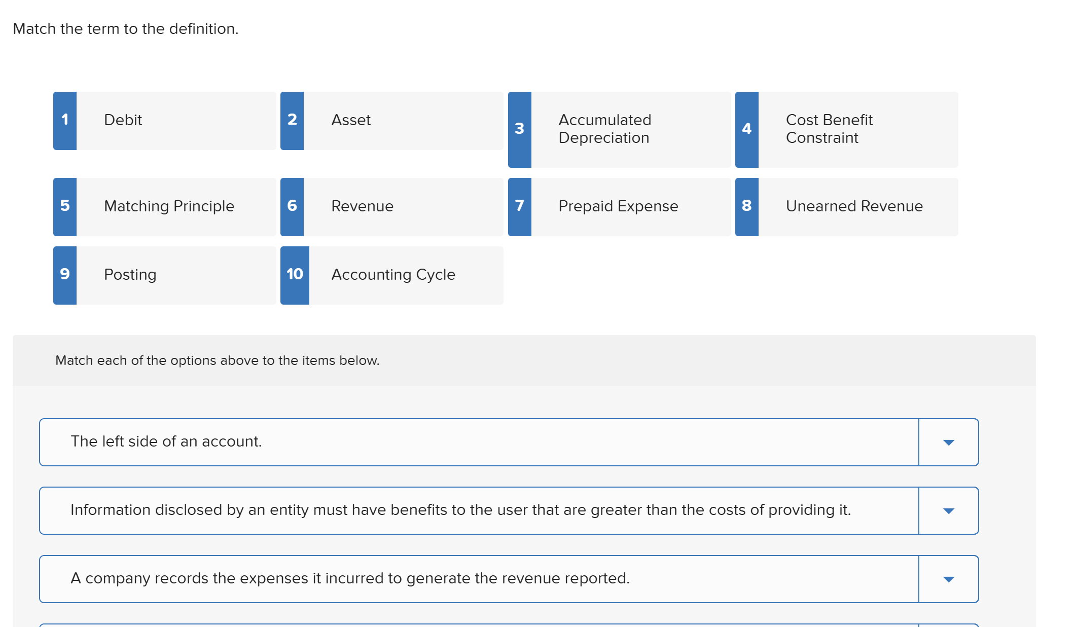 Match the term to the definition. 1 Debit 5