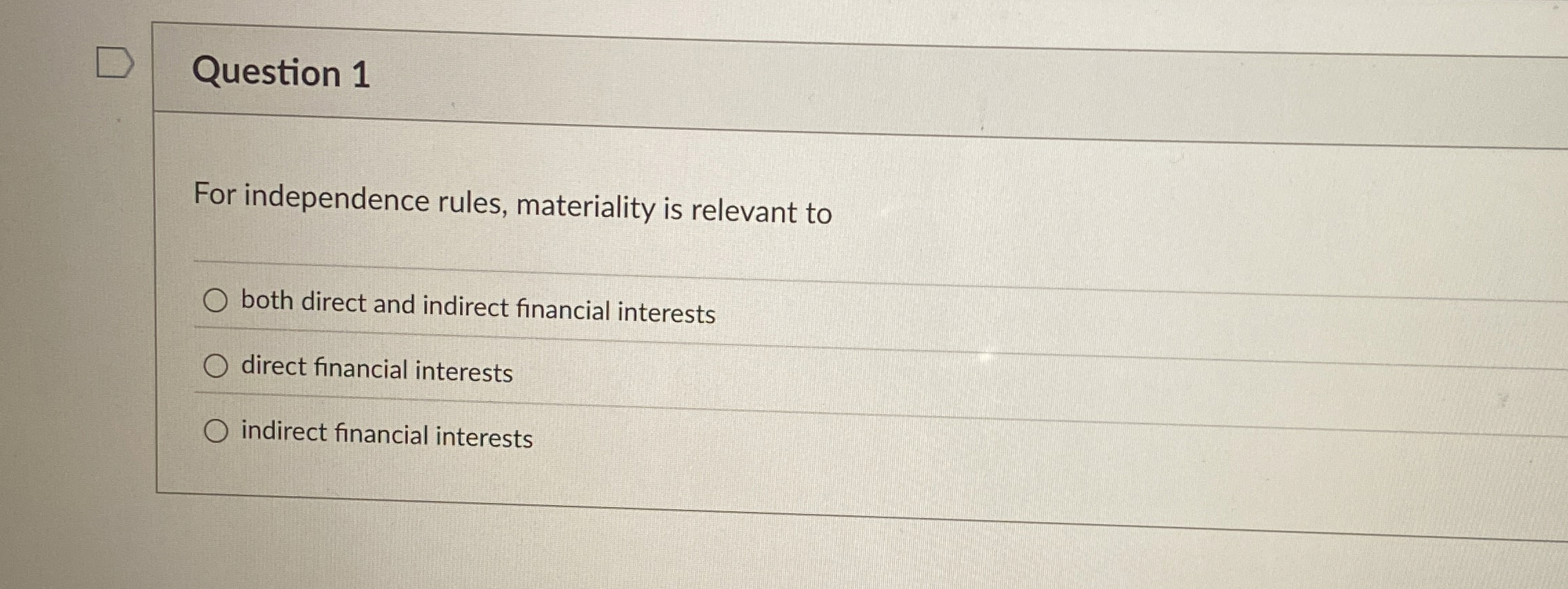 Question 1 For independence rules, materiality is