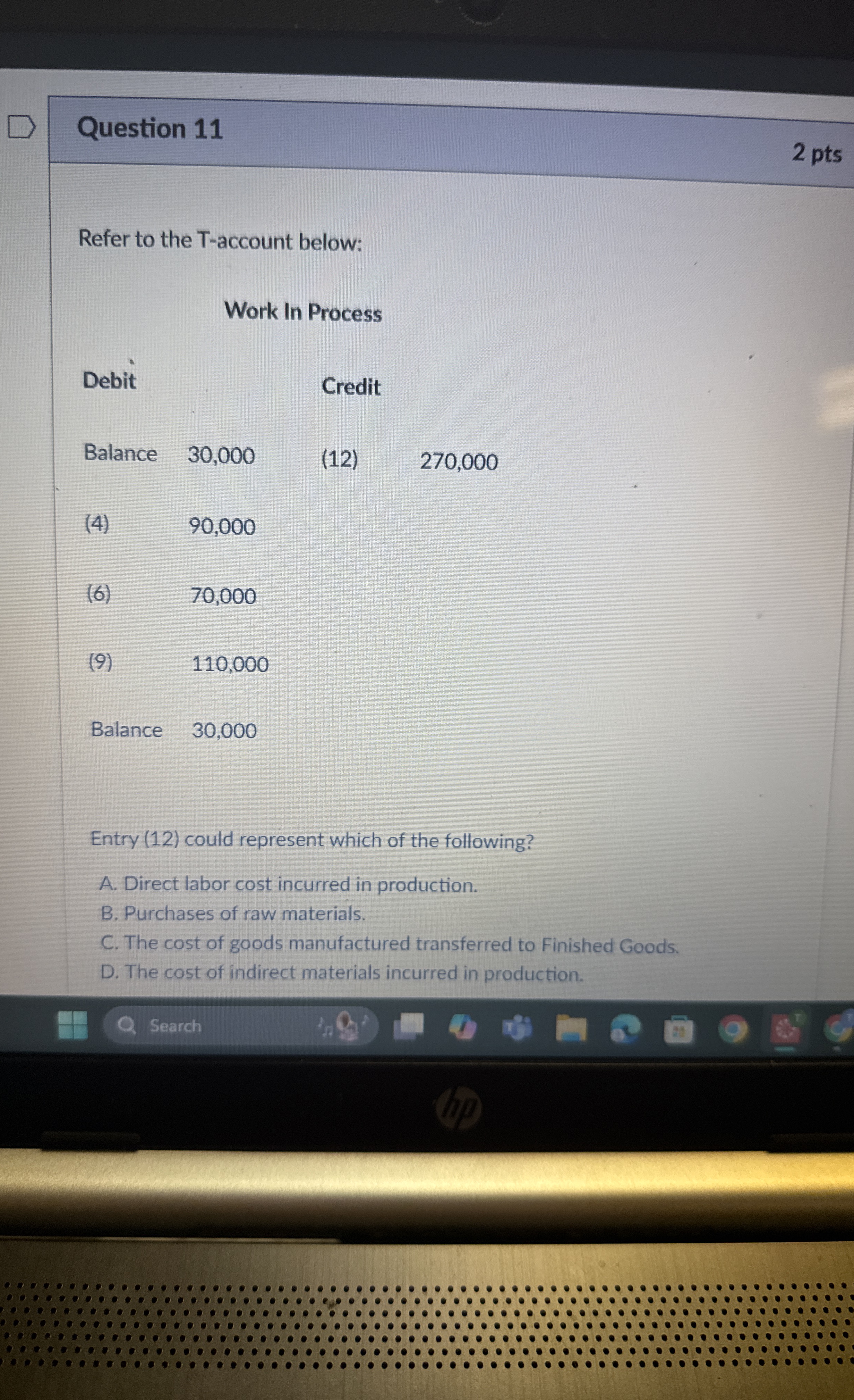 Question 1 1 2 pts Refer to the T - account