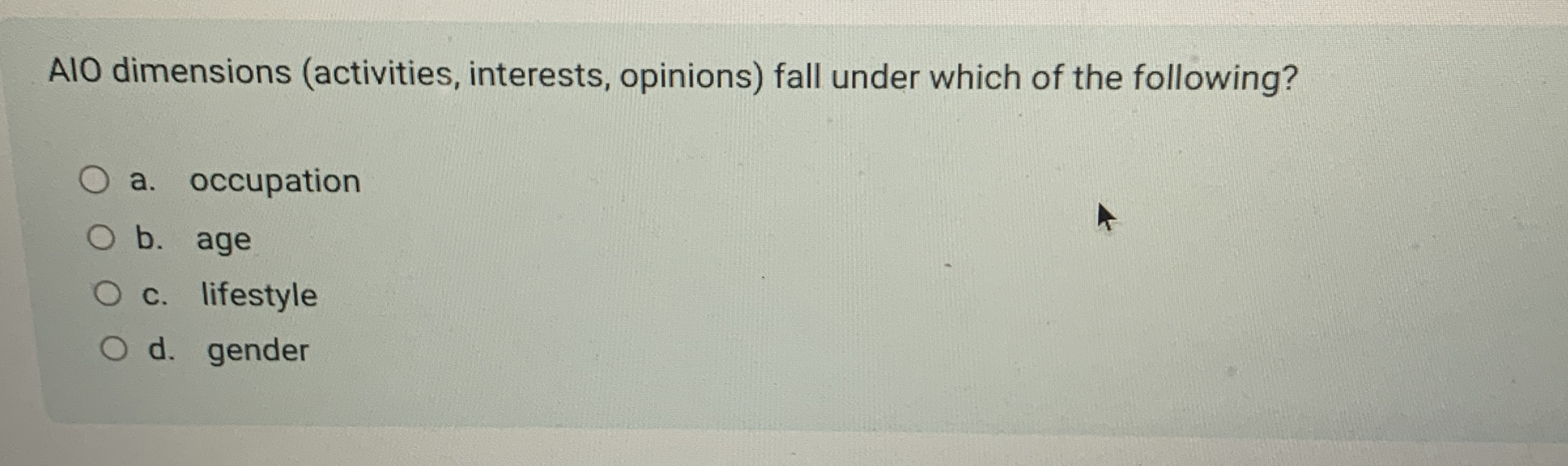 AlO dimensions ( activities , interests, opinions