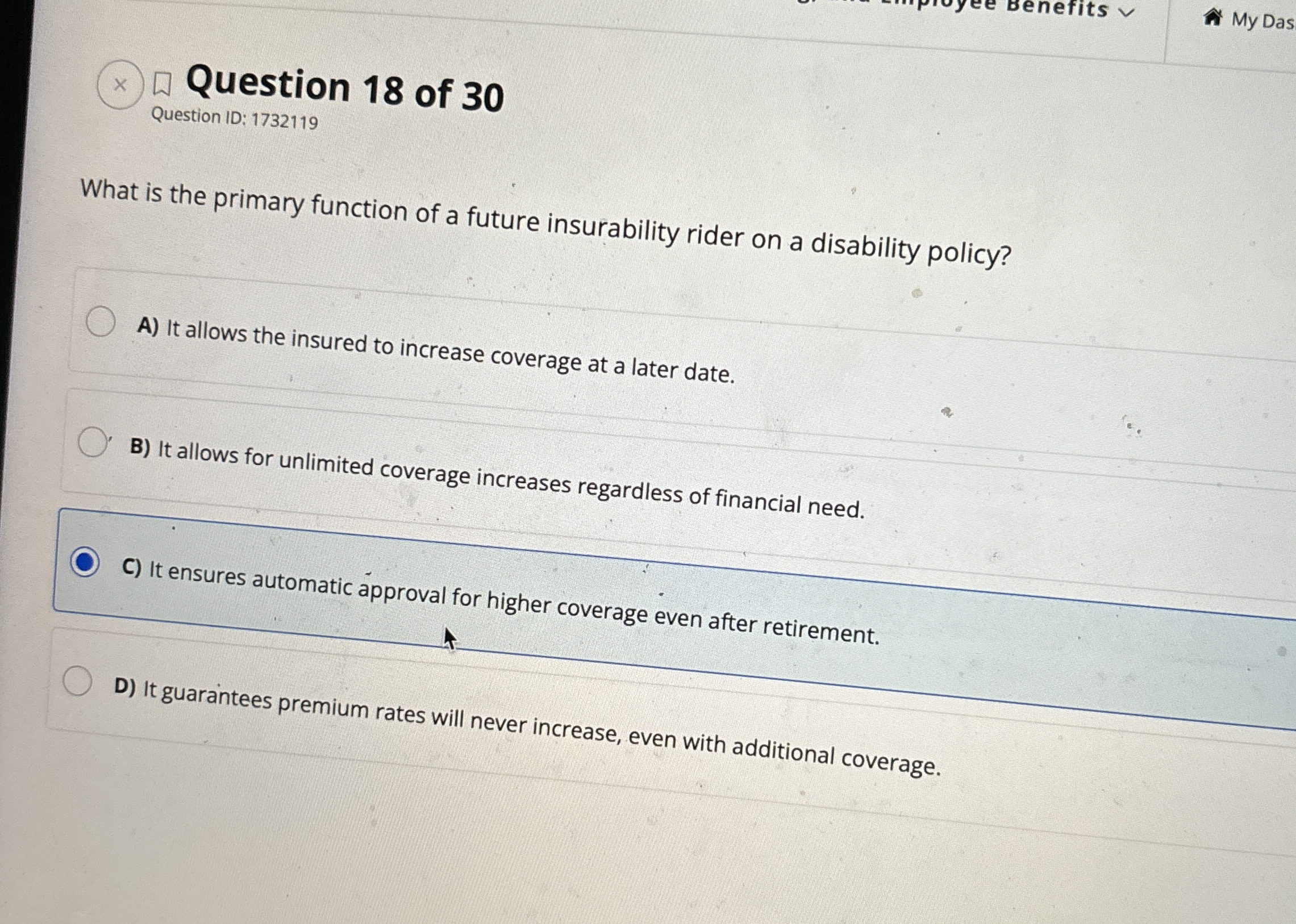 Benefits My Das Question 1 8 of 3 0 Question ID: