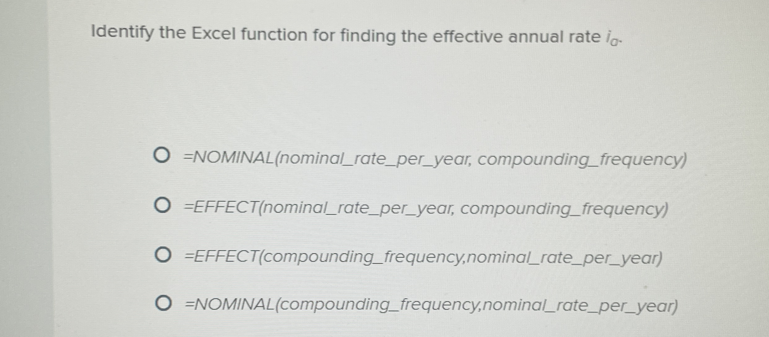 Identify the Excel function for finding the