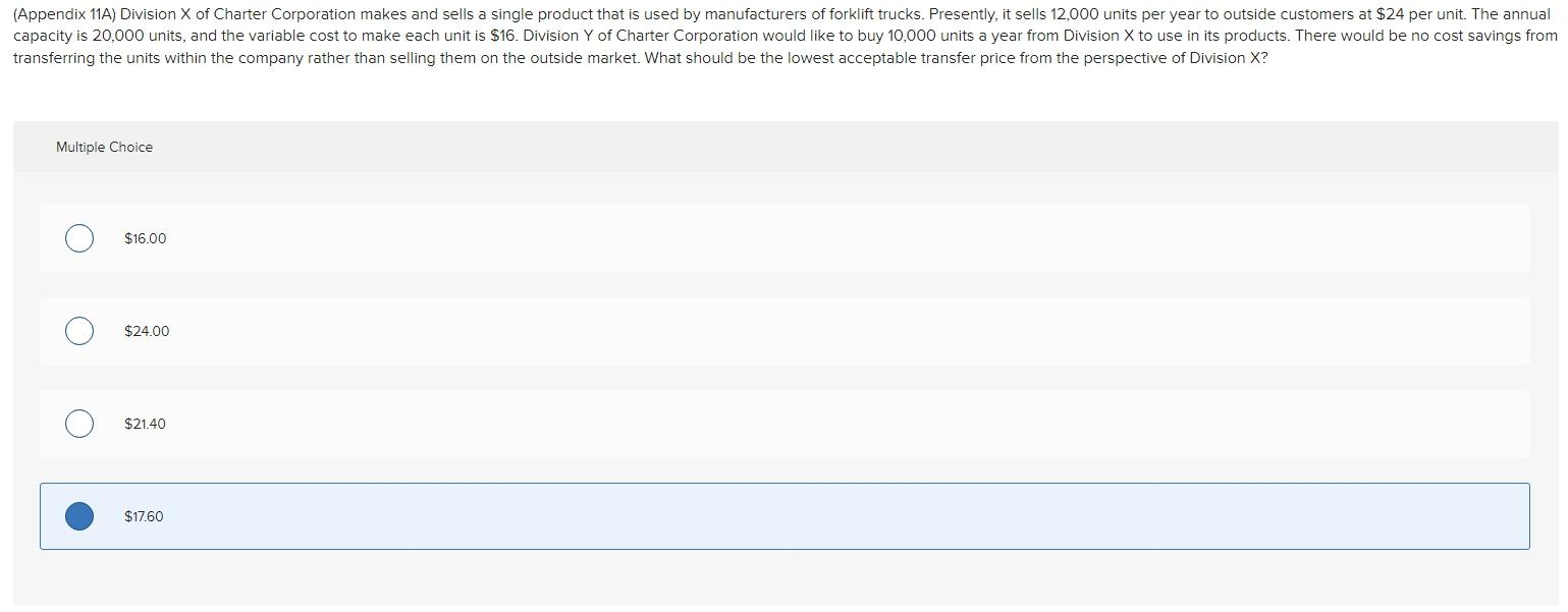 (Appendix 11A) Division X of Charter Corporation