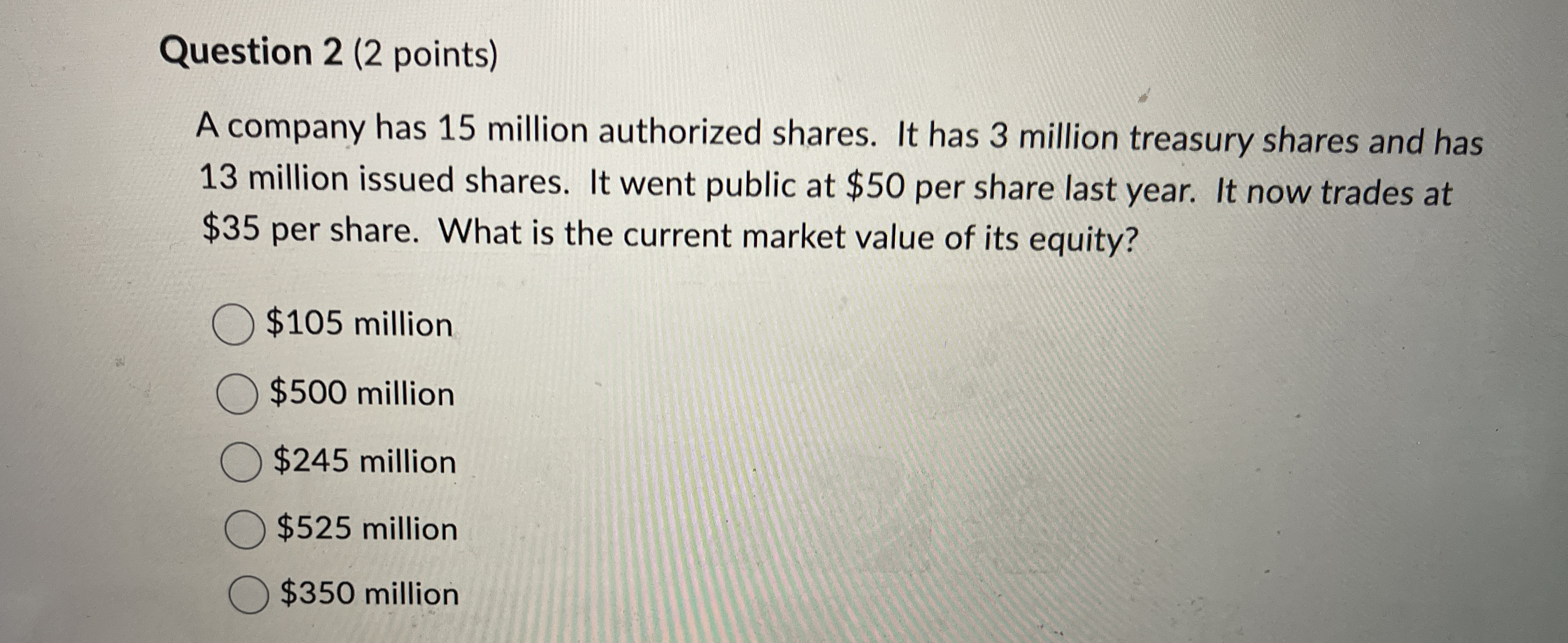 Question 2 ( 2 points ) A company has 1 5 million