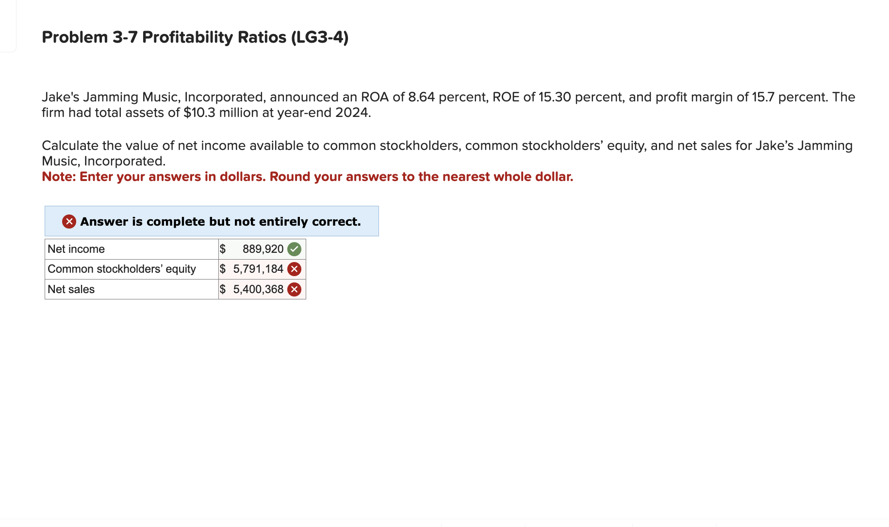 Problem 3 - 7 Profitability Ratios ( LG 3 - 4 )