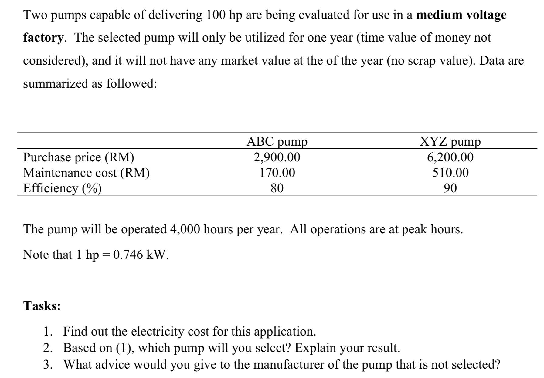 Two pumps capable of delivering 1 0 0 hp are