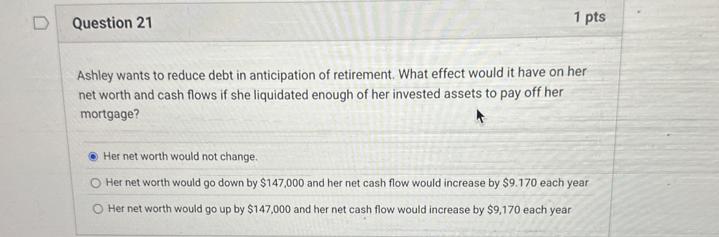 Question 2 1 1 pts Ashley wants to reduce debt in