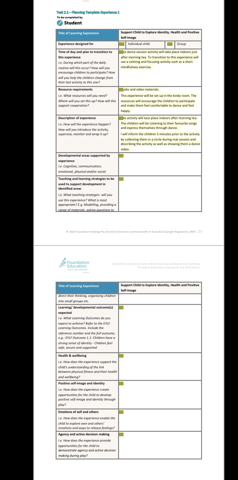 Using the provided Task 2.1 Planning Templates,