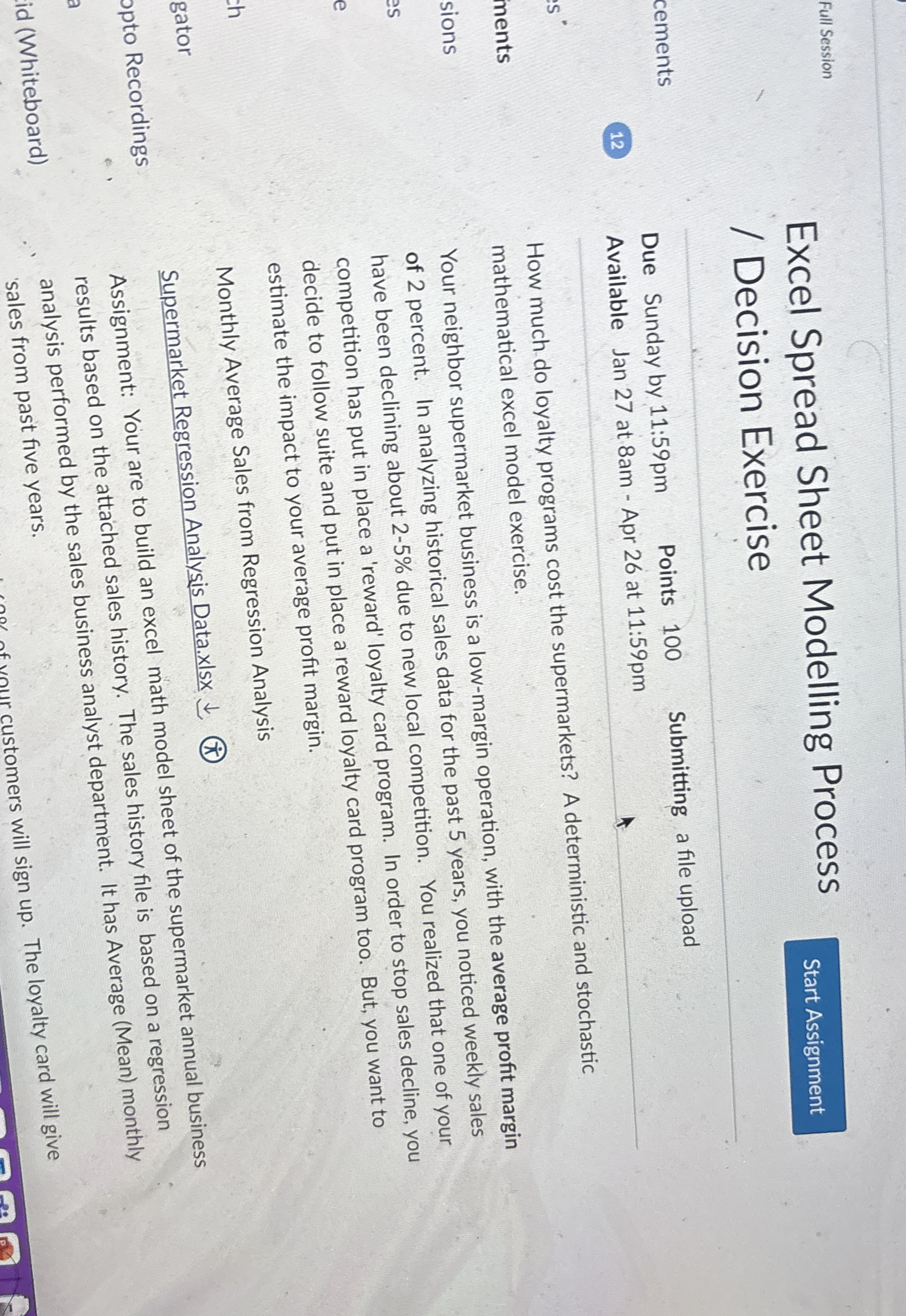 Full Session Excel Spread Sheet Modelling Process