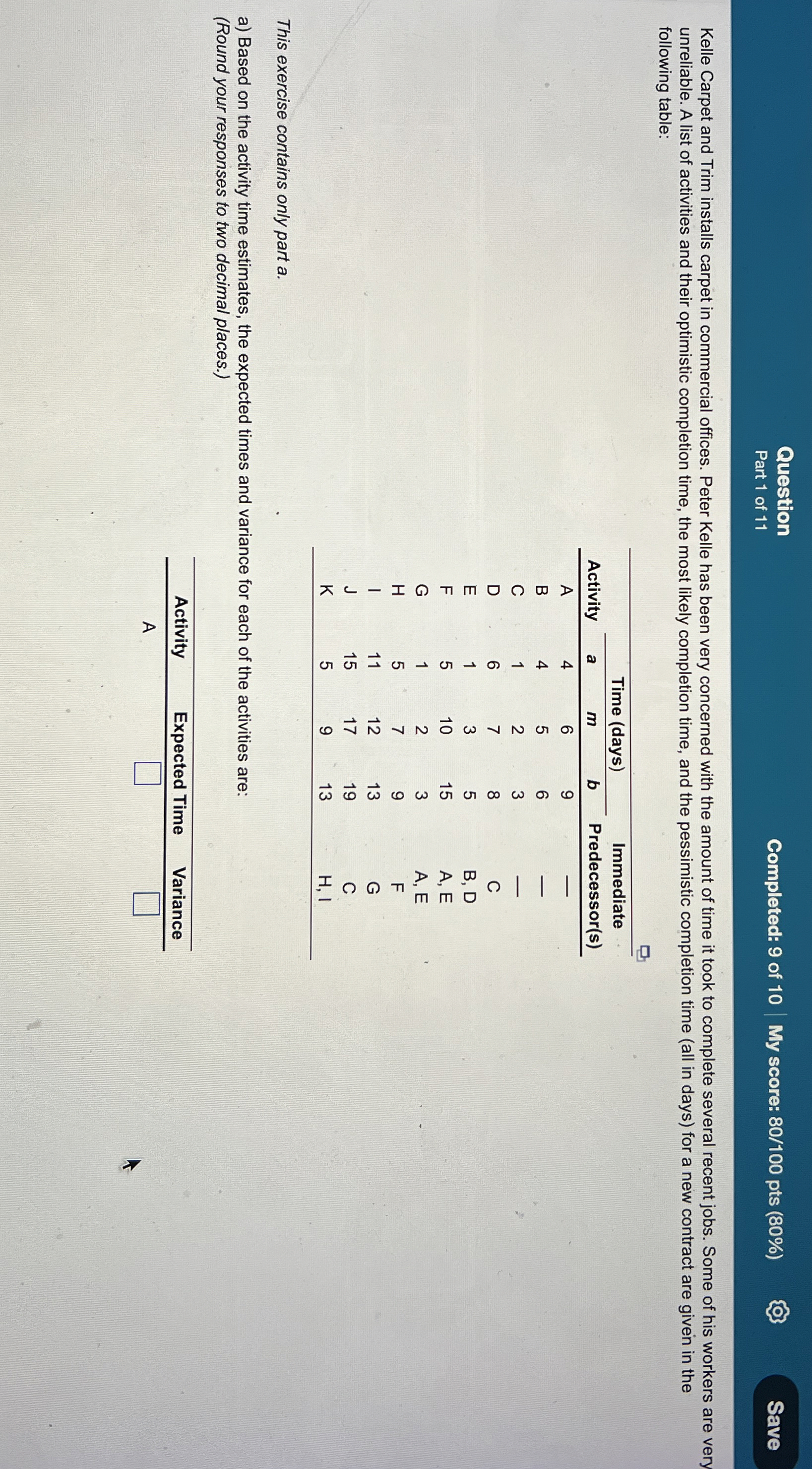 Question Part 1 of 1 1 Completed: 9 of 1 0 My