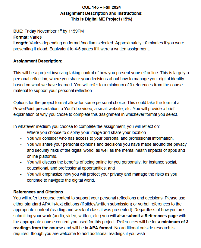 I need help with this assignment: CUL 145 - Fall