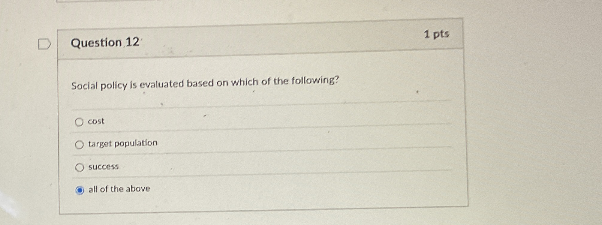 Question 1 2 1 pts Social policy is evaluated